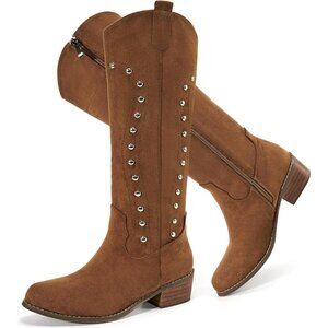 Women Lightbrown Suede Knee High Pointed Toe Chunky Heels  Cowgirl Boots